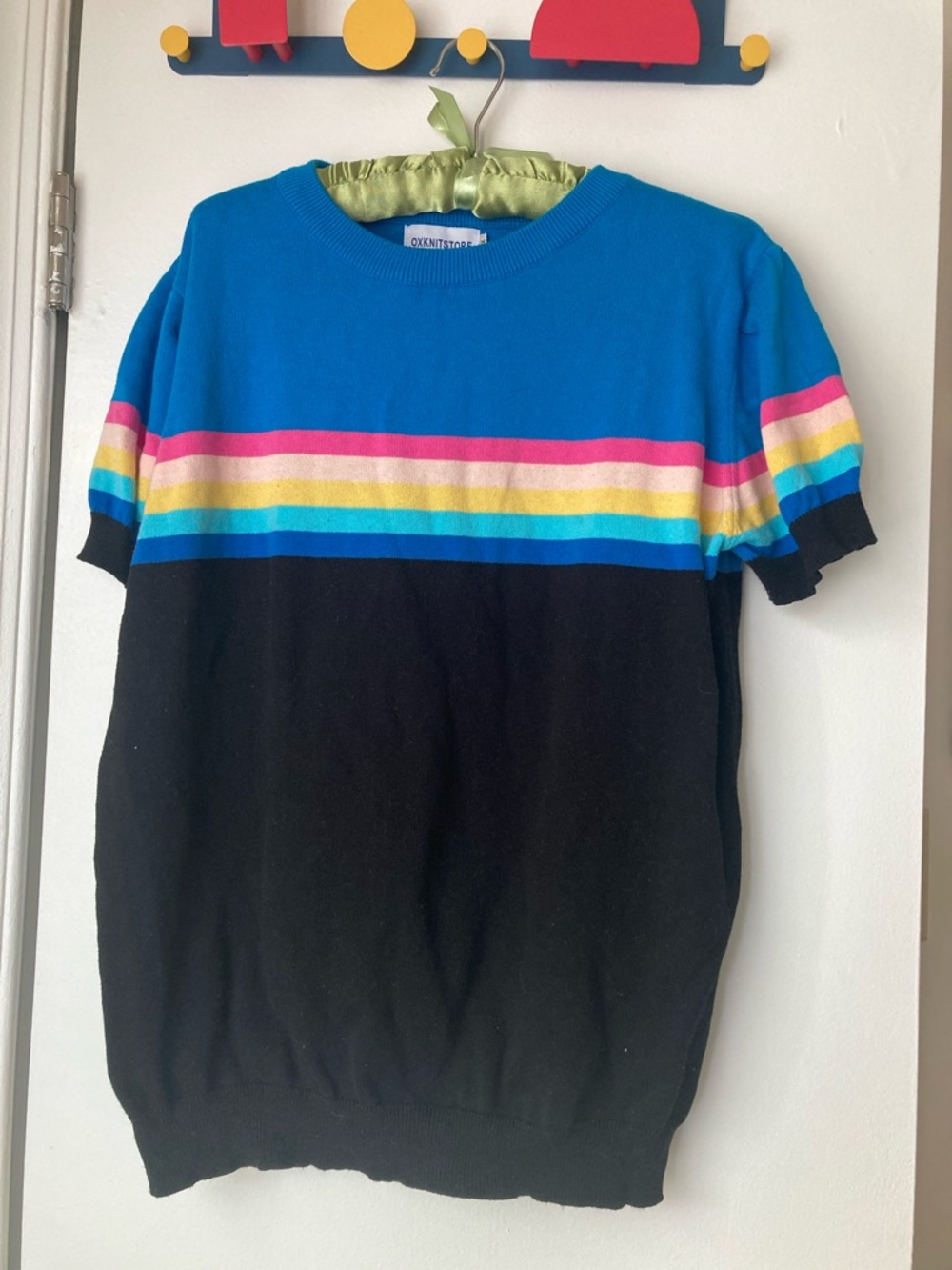 Bright Black Short Sleeve Sweater with Rainbow Stripes
